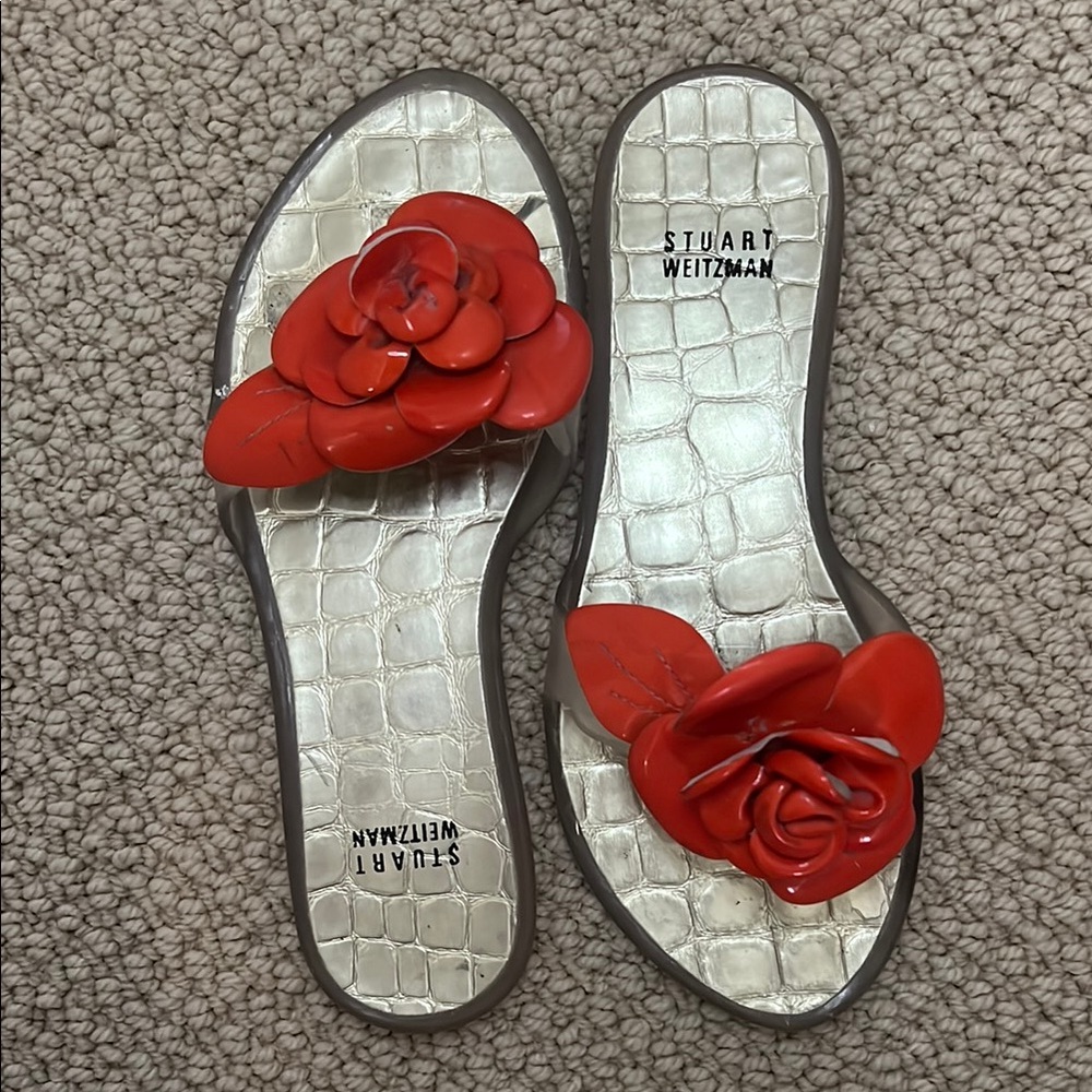 Stuart Weitzman Women's Red Floral Slide Sandals
